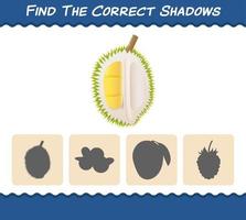 Find the correct shadows of cartoon durians. Searching and Matching game. Educational game for pre shool years kids and toddlers vector