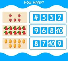 How many cartoon fruits. Counting game. Educational game for pre shool years kids and toddlers vector