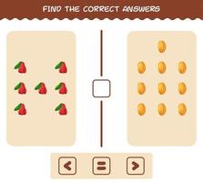 encuentra las sombras correctas de las frutas de dibujos animados. juego de búsqueda y combinación. juego educativo para niños de edad preescolar y niños pequeños vector