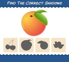 encuentra las sombras correctas de los melocotones de dibujos animados. juego de búsqueda y combinación. juego educativo para niños de edad preescolar y niños pequeños vector