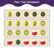 Encuentra las diferencias entre las frutas de dibujos animados. juego de búsqueda juego educativo para niños y niños pequeños en edad preescolar vector