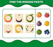 Find the missing parts of cartoon fruits. Searching game. Educational game for pre shool years kids and toddlers vector