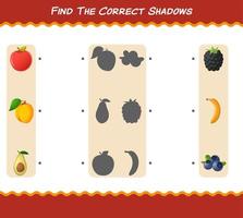 encuentra las sombras correctas de las frutas de dibujos animados. juego de búsqueda y combinación. juego educativo para niños de edad preescolar y niños pequeños vector