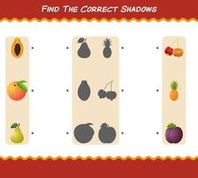 encuentra las sombras correctas de las frutas de dibujos animados. juego de búsqueda y combinación. juego educativo para niños de edad preescolar y niños pequeños vector