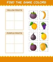 encontrar los mismos colores de las frutas. juego de búsqueda y combinación. juego educativo para niños y niños pequeños en edad preescolar vector