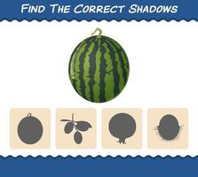 Find the correct shadows of cartoon watermelons. Searching and Matching game. Educational game for pre shool years kids and toddlers vector