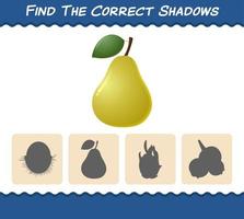 Find the correct shadows of cartoon pears. Searching and Matching game. Educational game for pre shool years kids and toddlers vector