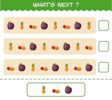 What's comes next educational game of cartoon fruits. Find the regularity and continue the row task. Educational game for pre shool years kids and toddlers vector