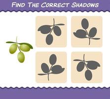 encuentra las sombras correctas de las aceitunas de dibujos animados. juego de búsqueda y emparejamiento. juego educativo para niños y niños pequeños en edad preescolar vector