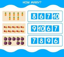 How many cartoon fruits. Counting game. Educational game for pre shool years kids and toddlers vector