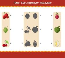 encuentra las sombras correctas de las frutas de dibujos animados. juego de búsqueda y combinación. juego educativo para niños de edad preescolar y niños pequeños vector