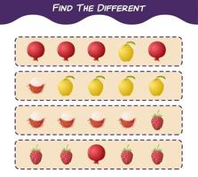 Find the differences between cartoon fruits. Searching game. Educational game for pre shool years kids and toddlers vector