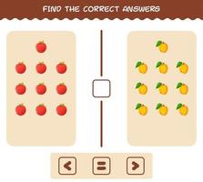 encuentra las sombras correctas de las frutas de dibujos animados. juego de búsqueda y combinación. juego educativo para niños de edad preescolar y niños pequeños vector