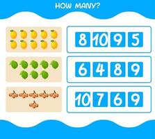 How many cartoon fruits. Counting game. Educational game for pre shool years kids and toddlers vector