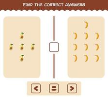 encuentra las sombras correctas de las frutas de dibujos animados. juego de búsqueda y combinación. juego educativo para niños de edad preescolar y niños pequeños vector