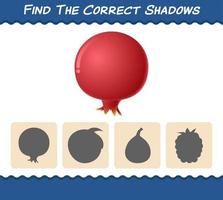 Find the correct shadows of cartoon pomegranates. Searching and Matching game. Educational game for pre shool years kids and toddlers vector