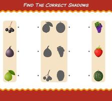 encuentra las sombras correctas de las frutas de dibujos animados. juego de búsqueda y combinación. juego educativo para niños de edad preescolar y niños pequeños vector