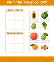 encontrar los mismos colores de las frutas. juego de búsqueda y combinación. juego educativo para niños y niños pequeños en edad preescolar vector