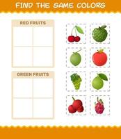 encontrar los mismos colores de las frutas. juego de búsqueda y combinación. juego educativo para niños y niños pequeños en edad preescolar vector