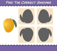 Find the correct shadows of cartoon mangos. Searching and Matching game. Educational game for pre shool years kids and toddlers vector