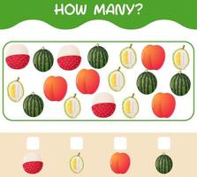 How many cartoon fruits. Counting game. Educational game for pre shool years kids and toddlers vector