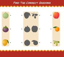 Find the correct shadows of cartoon fruits. Searching and Matching game. Educational game for pre shool years kids and toddlers vector