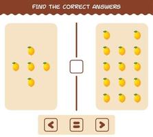 Find the correct answers of cartoon lemon. Searching and Counting game. Educational game for pre shool years kids and toddlers vector