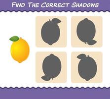 Find the correct shadows of cartoon lemons. Searching and Matching game. Educational game for pre shool years kids and toddlers vector