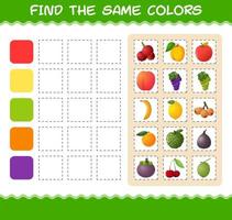 encontrar los mismos colores de las frutas. juego de búsqueda y combinación. juego educativo para niños y niños pequeños en edad preescolar vector