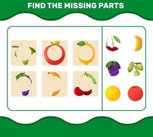 Find the missing parts of cartoon fruits. Searching game. Educational game for pre shool years kids and toddlers vector