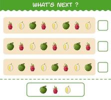 ¿Qué viene después? Juego educativo de frutas de dibujos animados. encuentre la regularidad y continúe la tarea de la fila. juego educativo para niños y niños pequeños en edad preescolar vector