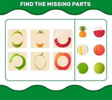 Find the missing parts of cartoon fruits. Searching game. Educational game for pre shool years kids and toddlers vector