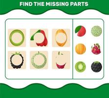 Find the missing parts of cartoon fruits. Searching game. Educational game for pre shool years kids and toddlers vector