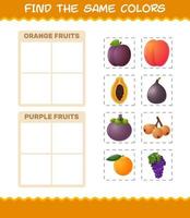 encontrar los mismos colores de las frutas. juego de búsqueda y combinación. juego educativo para niños y niños pequeños en edad preescolar vector