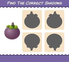 Find the correct shadows of cartoon mangosteens. Searching and Matching game. Educational game for pre shool years kids and toddlers vector
