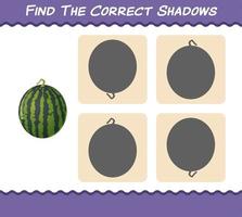 encuentra las sombras correctas de las sandías de dibujos animados. juego de búsqueda y combinación. juego educativo para niños y niños pequeños en edad preescolar vector