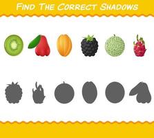 encuentra las sombras correctas de las frutas de dibujos animados. juego de búsqueda y combinación. juego educativo para niños de edad preescolar y niños pequeños vector