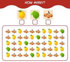 cuántas frutas de dibujos animados. juego de conteo juego educativo para niños y niños pequeños en edad preescolar vector