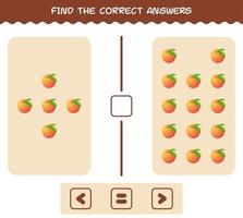Find the correct answers of cartoon peach. Searching and Counting game. Educational game for pre shool years kids and toddlers vector