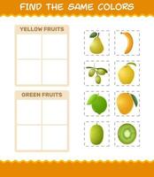 encontrar los mismos colores de las frutas. juego de búsqueda y combinación. juego educativo para niños y niños pequeños en edad preescolar vector