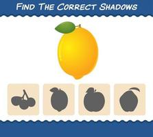 Find the correct shadows of cartoon lemons. Searching and Matching game. Educational game for pre shool years kids and toddlers vector
