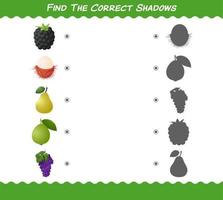 encuentra las sombras correctas de las frutas de dibujos animados. juego de búsqueda y combinación. juego educativo para niños de edad preescolar y niños pequeños vector