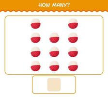 How many cartoon lychee. Counting game. Educational game for pre shool years kids and toddlers vector