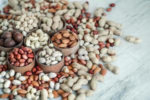Assorted nuts for a background Almond, walnut,cashew, pistachios, hazelnuts, peanuts, Macadamia Collection of different varieties of nuts. Composition with dried fruits Healthy food. Organic. photo