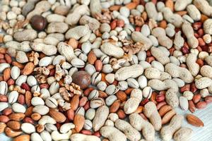 Assorted nuts for a background Almond, walnut,cashew, pistachios, hazelnuts, peanuts, Macadamia Collection of different varieties of nuts. Composition with dried fruits Healthy food. Organic. photo