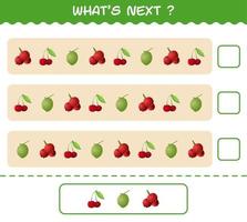 What's comes next educational game of cartoon fruits. Find the regularity and continue the row task. Educational game for pre shool years kids and toddlers vector