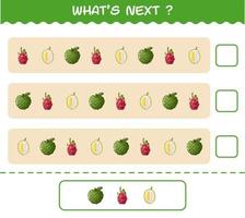 What's comes next educational game of cartoon fruits. Find the regularity and continue the row task. Educational game for pre shool years kids and toddlers vector