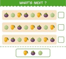 What's comes next educational game of cartoon fruits. Find the regularity and continue the row task. Educational game for pre shool years kids and toddlers vector