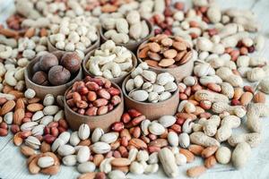 Assorted nuts for a background Almond, walnut,cashew, pistachios, hazelnuts, peanuts, Macadamia Collection of different varieties of nuts. Composition with dried fruits Healthy food. Organic. photo