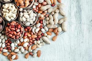 Assorted nuts for a background Almond, walnut,cashew, pistachios, hazelnuts, peanuts, Macadamia Collection of different varieties of nuts. Composition with dried fruits Healthy food. Organic. photo